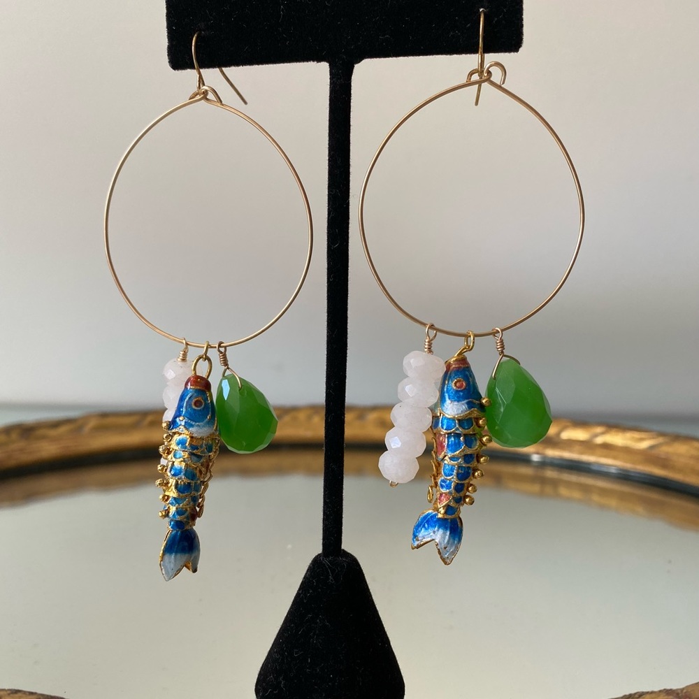 Cloisonné Fish and Quartz Hoop Earrings